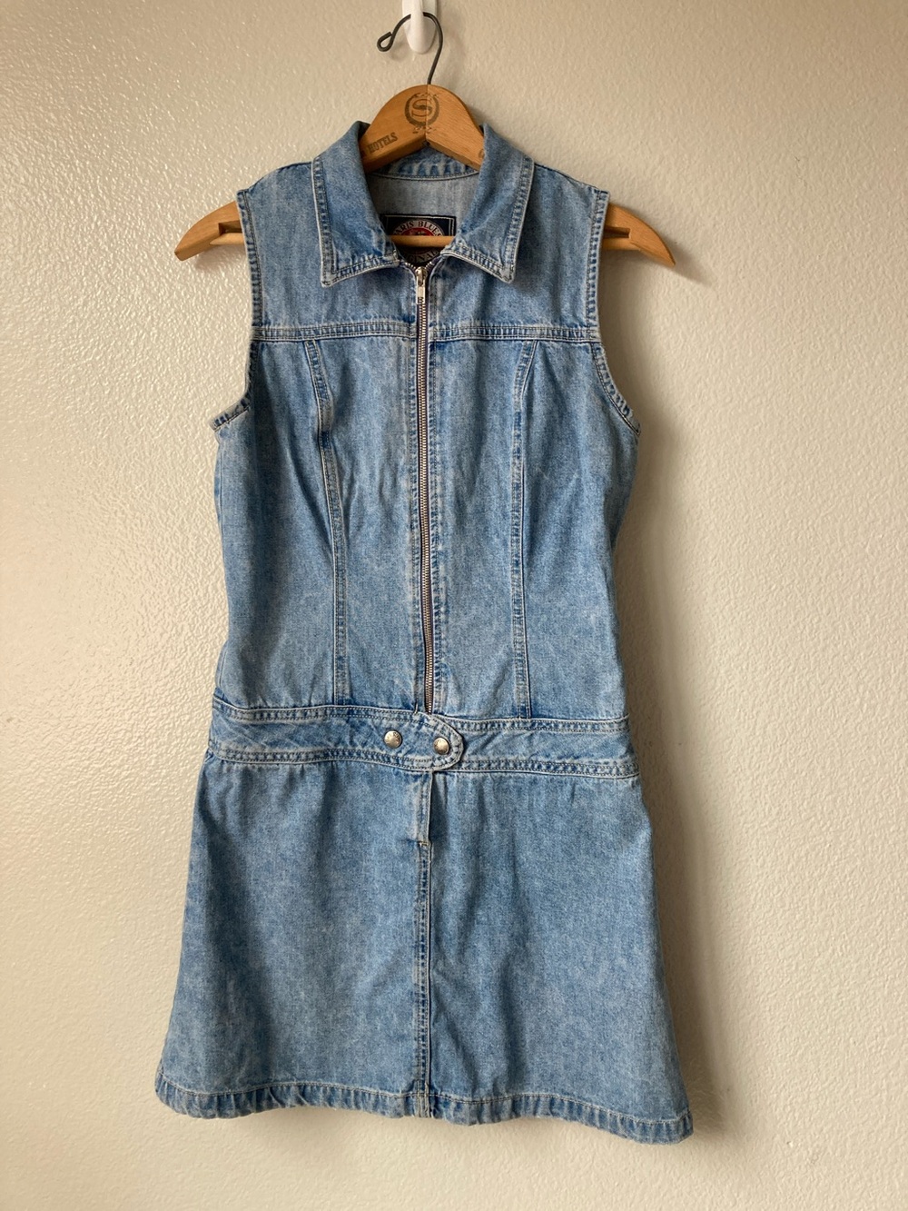 Vintage 80s 90s Paris Blue Denim Zip front Dress Sleeveless Drop Waist 3 XS/XXS